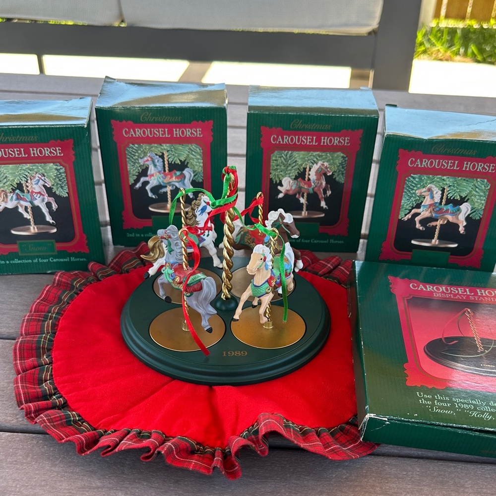 Vintage 1989 Hallmark Carousel Horse Ornament Set with Red and Green Accents